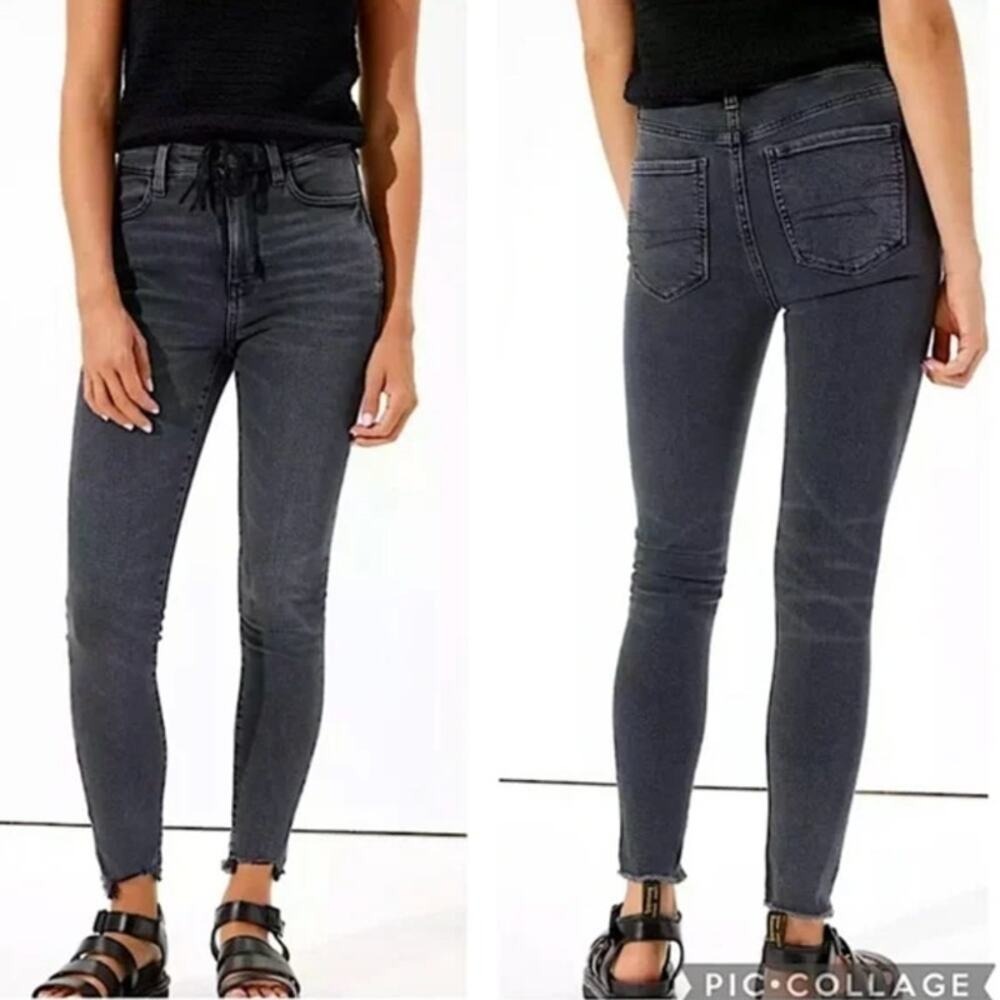 American Eagle Jegging Women 4 X-Long Dark Gray Hi-Rise Raw Hem Ankle Zip